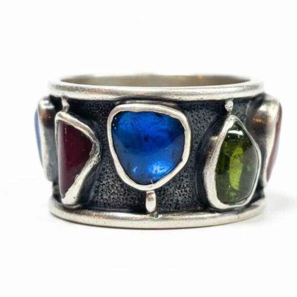 Modernist H. Fred Skaggs MCM Sterling Silver Signed Ring Multi Tourmaline Size 7 - Picture 5 of 15